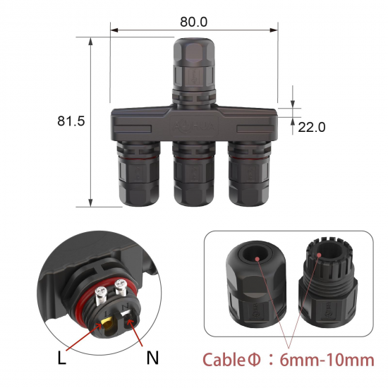 M16 2Pin F Type  Connector 1 to 3 F Splitter